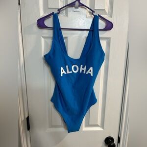 Old navy women’s medium one piece swimsuit aloha blue with white lettering